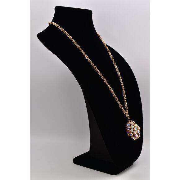 Vintage Crystal Pendant Necklace Open Bezel Aurora Borealis Gold Tone 80s Bin6A - Picture 4 of 11